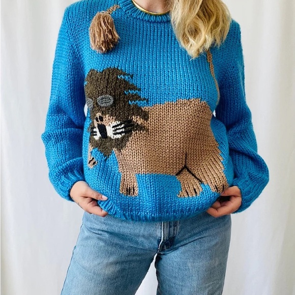 Vintage Sweaters - Vintage Adorable Blue Lion Knit Sweater with 3D Pom Pom Tail MEDIUM